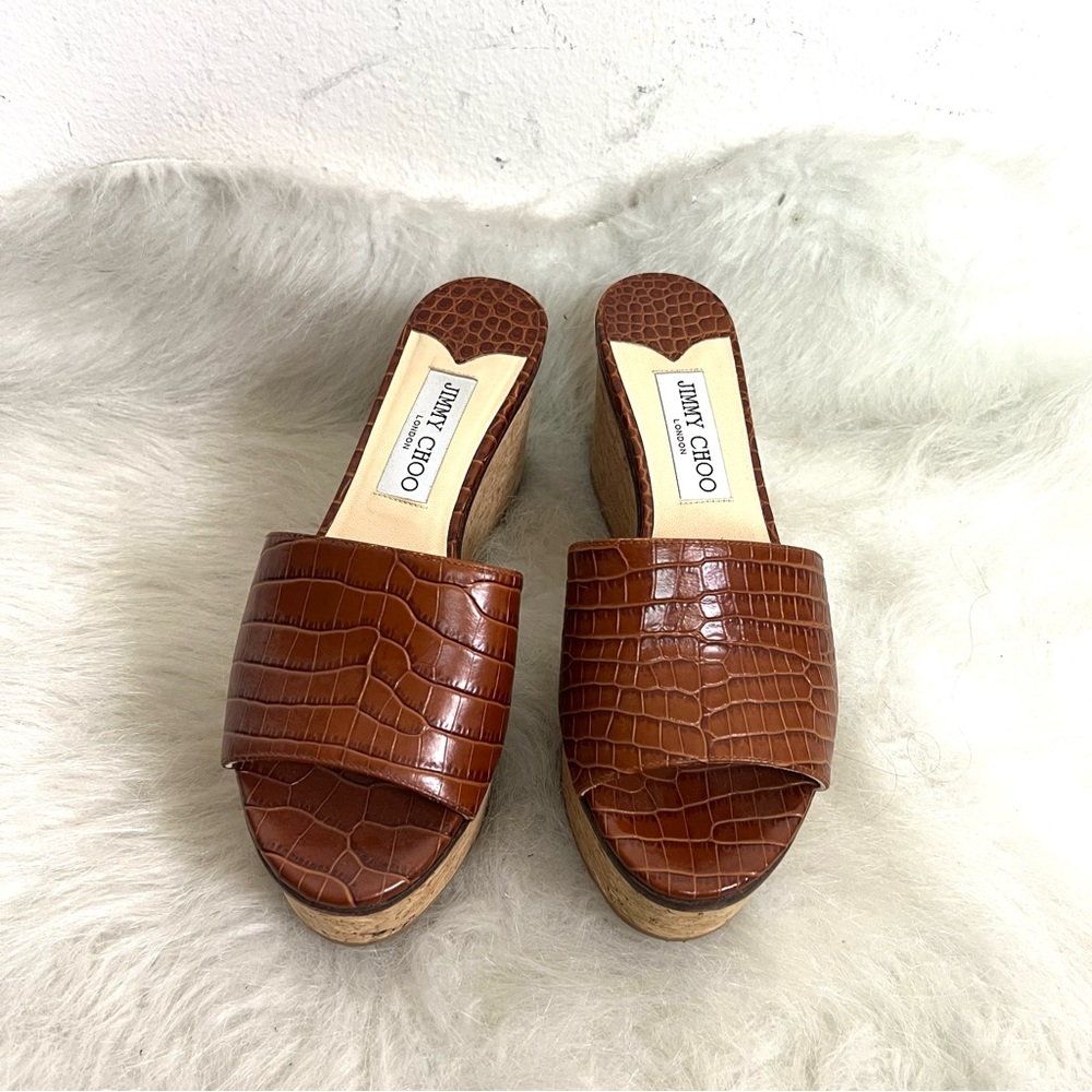 Jimmy Choo Dee Dee Croc Leather Cork Platform Sandals - Picture 4 of 15